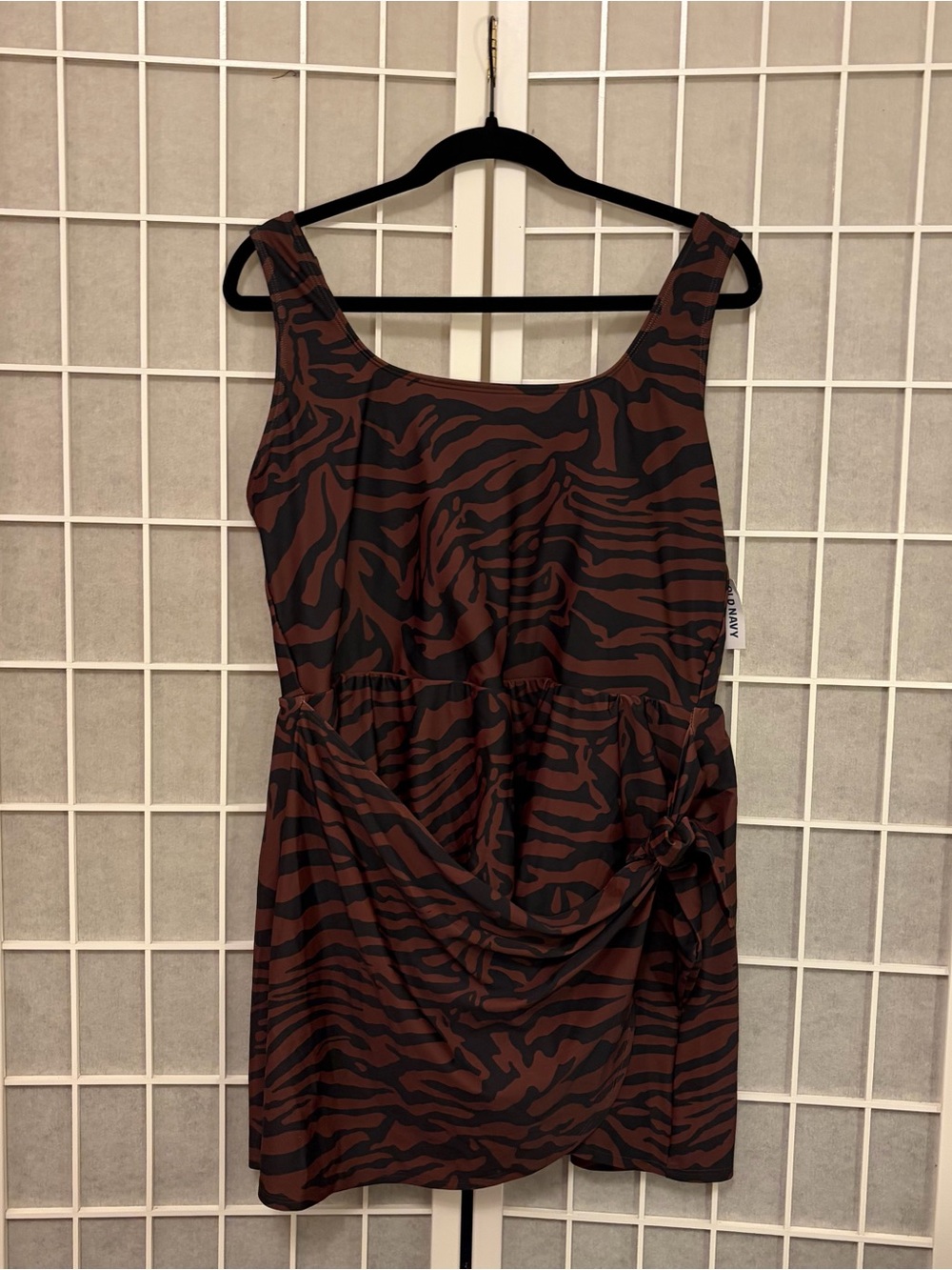 Old Navy Brown and Black Zebra-Print Matte Side Tie Swim Dress